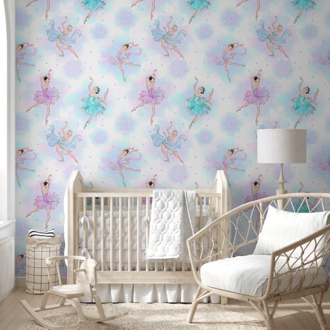 Papier Peint Ballerines sur fond bleu, lilas et blanc (Enfants)