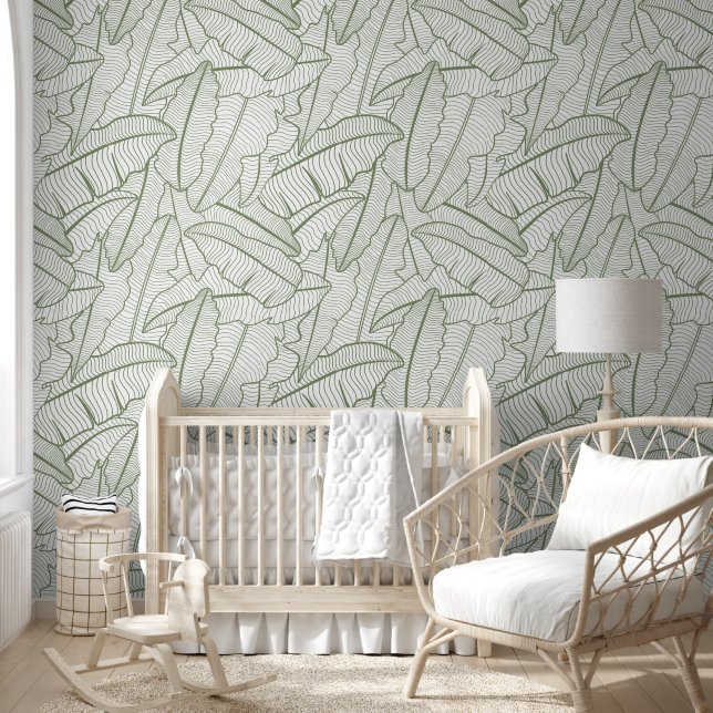 Papier Peint Banane tropicale Feuille Line Art Sage Green (Enfants)