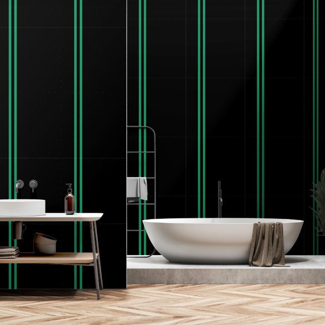 Papier Peint Bande verticale double verte noire (Salle de bain)