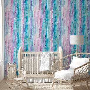 Papier Peint Bandes d'aquarelle violette, Turquoise et turquois