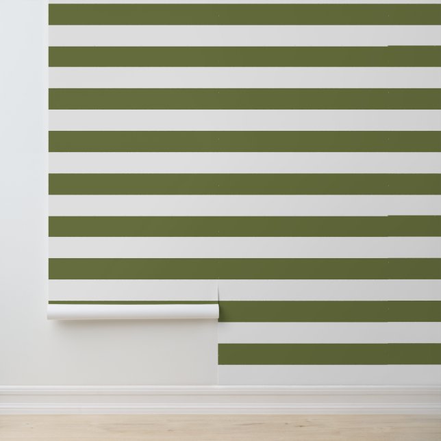 Papier Peint Bandes horizontales larges vert olive et blanc (Application)
