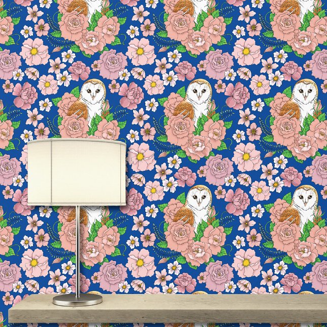Papier Peint Barne Chouette Fleurs roses Bleu (Créateur téléchargé)
