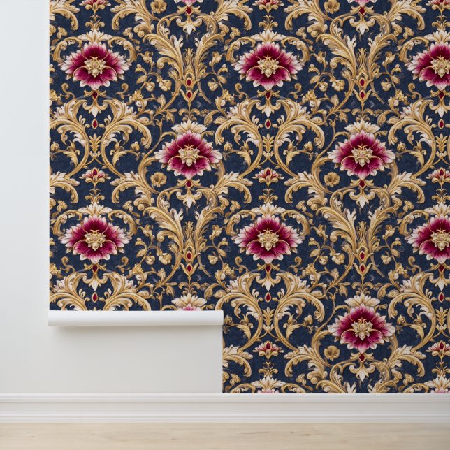 Papier Peint Baroque Floral Royal sur Fond Bleu Profond (Application)