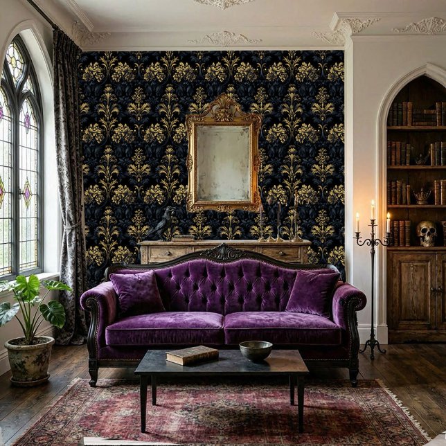 Papier Peint Baroque gothique fleur or bleu foncé (Dark Baroque Wall)