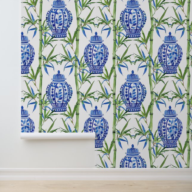 Papier Peint Barres de gingembre bleu et vert et bambou (Application)