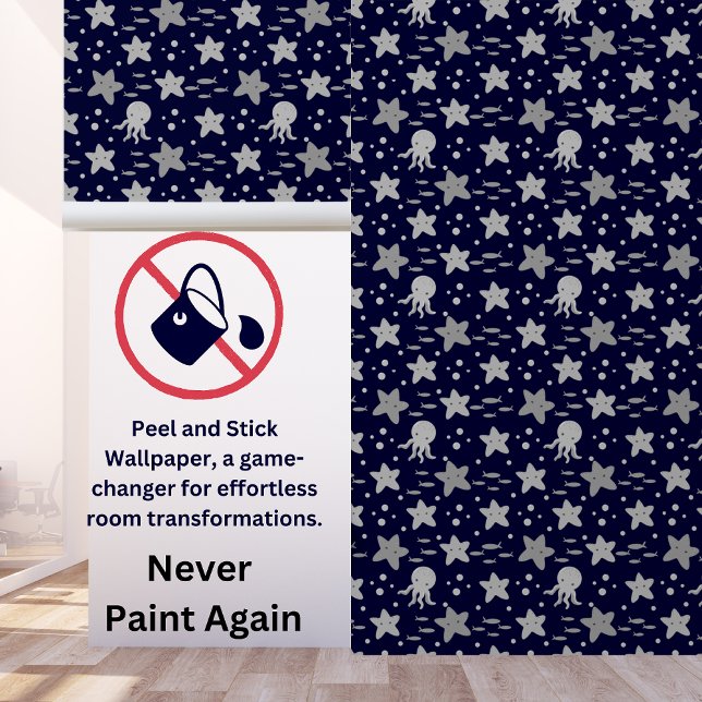 Papier Peint Base Marine Blue Grey Kids Nautical Starfish Squid (Créateur téléchargé)