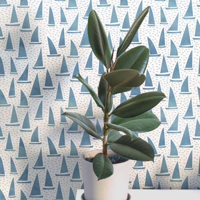 Papier Peint Bateau à voile bleu et blanc côtier (Sailing boat yacht coastal beach or lake house decor wallpaper)