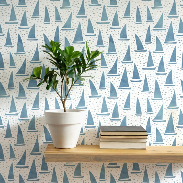 Papier Peint Bateau à voile bleu et blanc côtier (Sailing boat yacht coastal beach or lake house decor wallpaper)