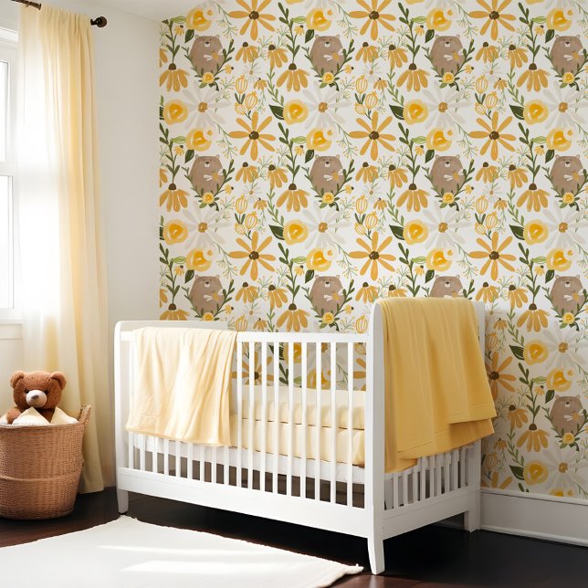 Papier Peint Bear mignonne et miel doux Abeille Fleur sauvage j (Cute Bear & Sweet Honey Bee Yellow Wildflower Wallpaper)