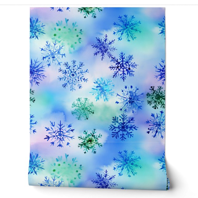 Papier Peint Beau Snowflakes Bleu et Vert (Déroulement)