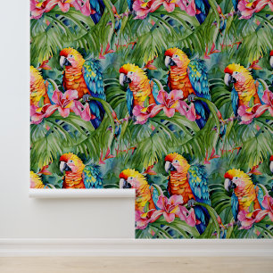 Papier Peint Beaux perroquets colorés et fleurs tropicales