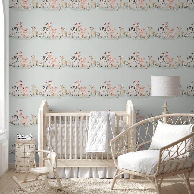 Papier Peint Bébé Animaux de Ferme Mignons sur Sauge (Enfants)