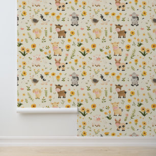 Papier Peint Bébé de ferme mignonne animaux avec fleurs de saum