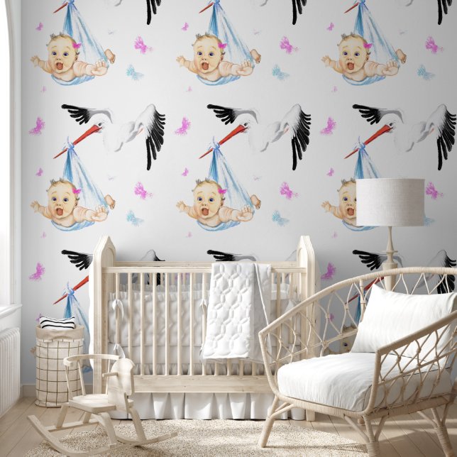 Papier Peint Bébé mignon et cigogne drôle (Enfants)