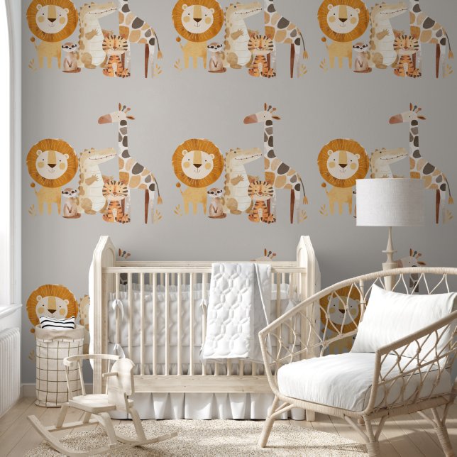 Papier Peint Bébé mignon Safari Animaux sur Smokey Beige (Enfants)
