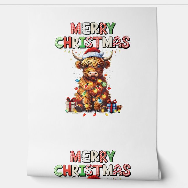 Papier Peint Bébé mignon vache Highland avec lumières de Noël (Déroulement)