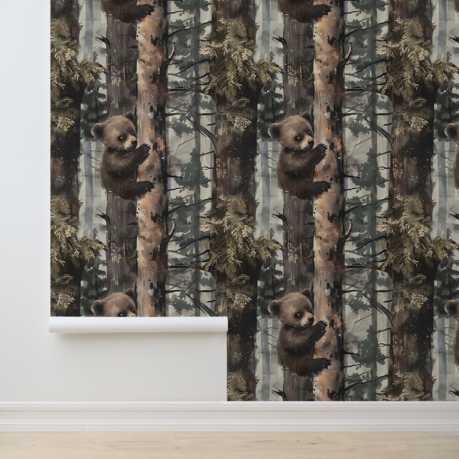 Papier Peint Bébé Ours Escalade Arbre Forêt forestière (Application)