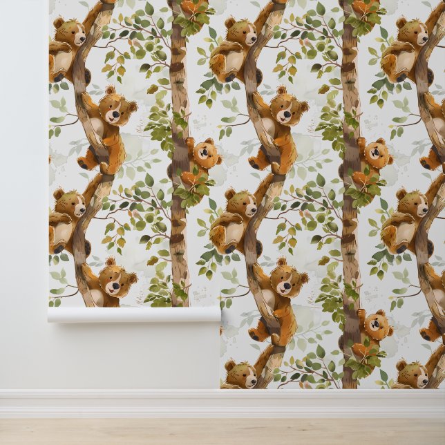Papier Peint Bébé Ours Escalade Arbre Forêt forestière (Application)