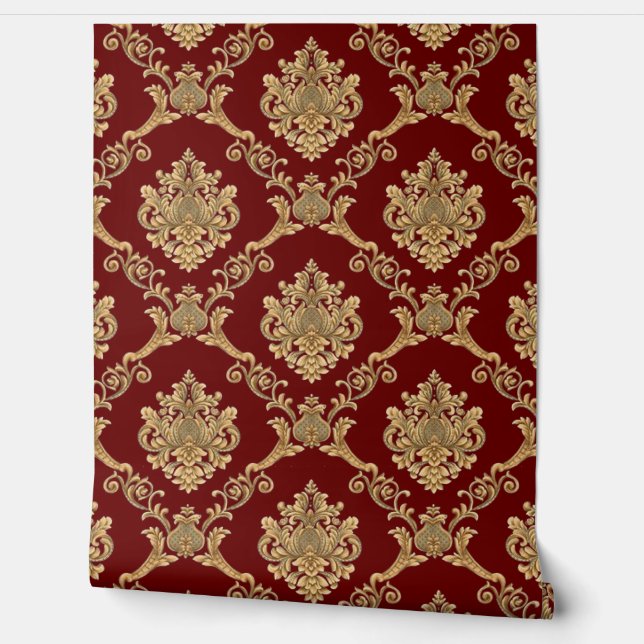 Papier Peint Belge Damask Gold sur Burgundy Designer (Déroulement)