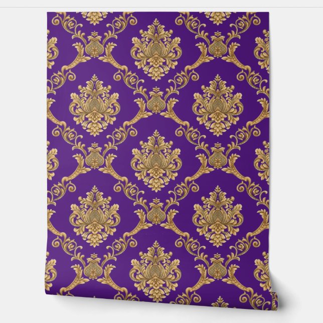 Papier Peint Belge Damask Gold sur Imperial Purple Designer (Déroulement)