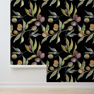 Papier Peint Belle aquarelle italienne Oliviers Motif noir