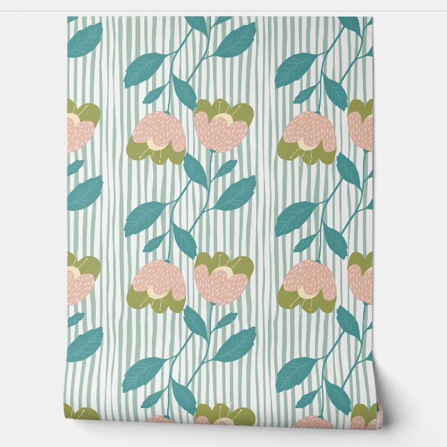 Papier Peint Belle florale à rayures Beau bleu arrière - plan (Déroulement)