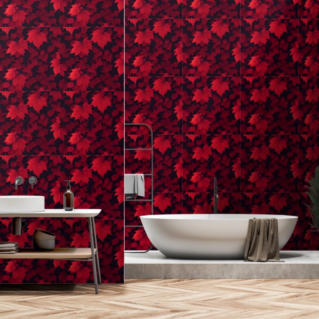 Papier Peint Belles feuilles rouges d'automne (Salle de bain)