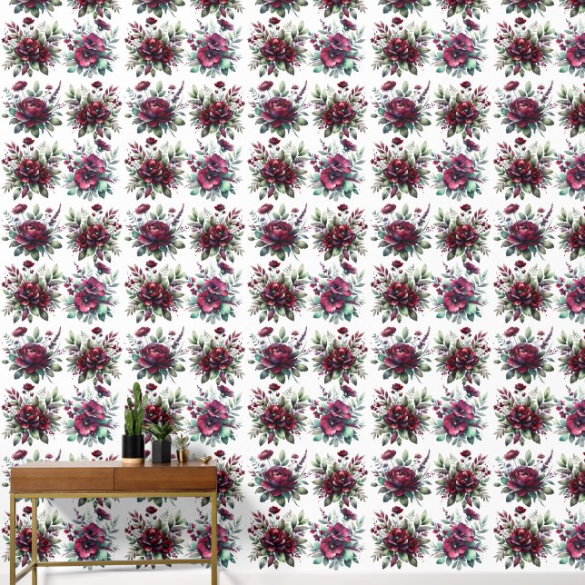 Papier Peint Belles fleurs bordeaux avec Feuilles verts (Couloir)