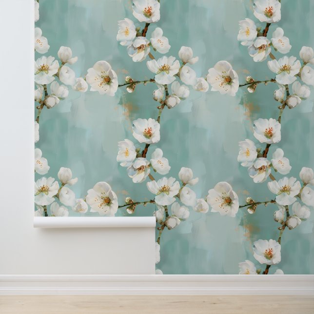 Papier Peint Belles fleurs de cerisiers sur bleu vert (Application)