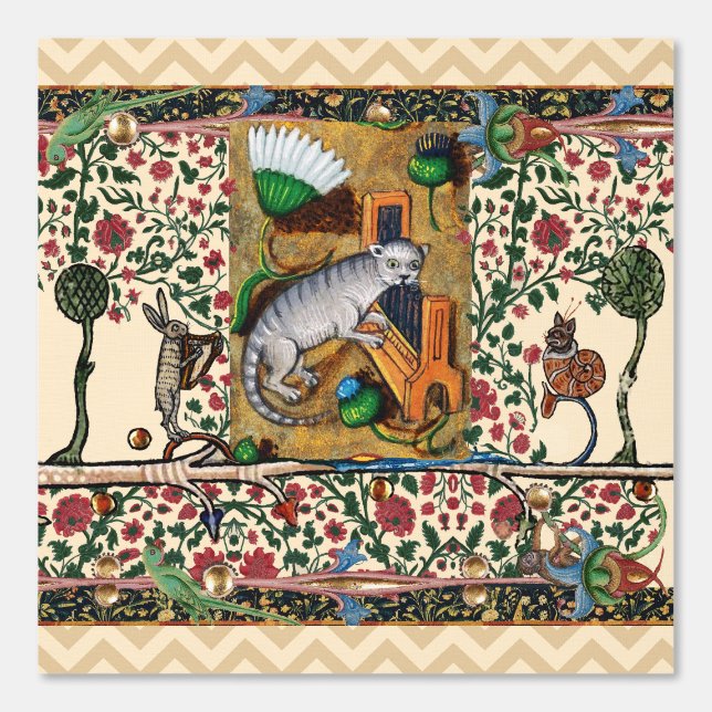 PAPIER PEINT BESTIAIRE MÉDIÉVAL, MUSIQUE, CHAT JOUER ORGE (Recto)