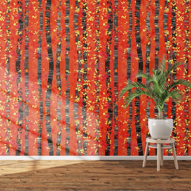 Papier Peint Birch Aspen Tree Forest Red Art (Aspen birch tree forest abstract landscape art patterned red wallpaper)