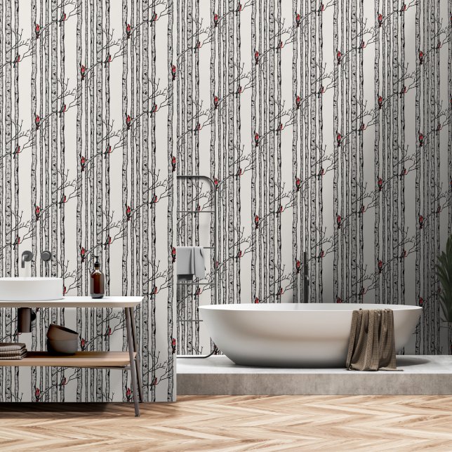 Papier Peint Birch Trees modernes et Red Cardinal Birds (Salle de bain)