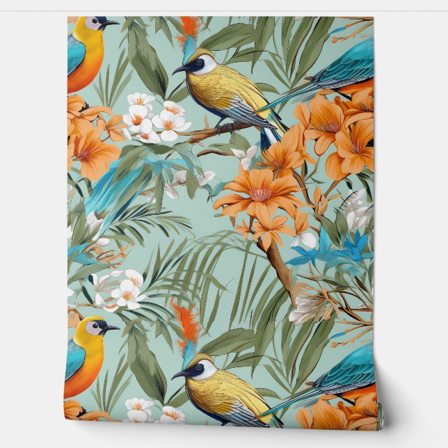 Papier Peint Birds Chinoiserie Mint Orange (Déroulement)