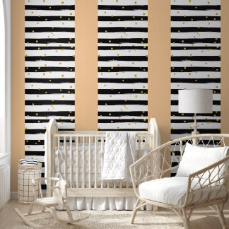 Papier Peint Black White Stripes with Gold Confetti Pattern