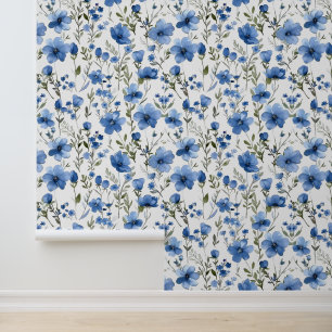 Papier Peint Blanc Bleu clair Aquarelle Fleurs sauvages #5