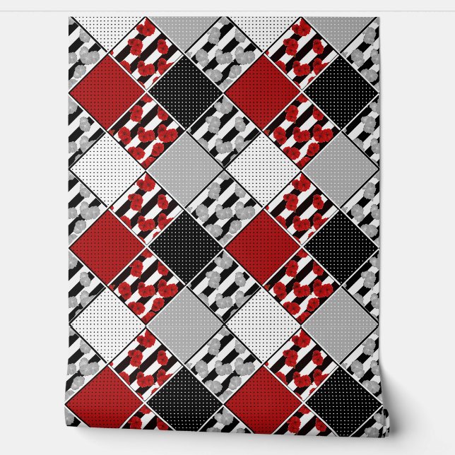 Papier Peint Blanc noir avec patchwork rétro rouge (Déroulement)