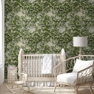 Papier Peint Blanc Rustique brique Floral Ivy
