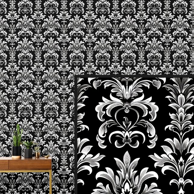 Papier Peint Blanc sur noir gothique Damask Elegant (Créateur téléchargé)
