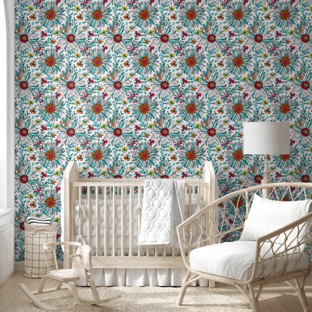 Papier Peint Blanc Turquoise Jaune orange Rouge Fleurs de margu (Enfants)