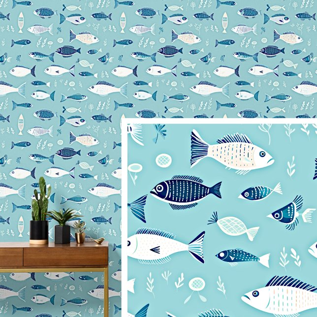 Papier Peint Bleu blanc Poisson nager dans le bleu clair Aqua (Créateur téléchargé)