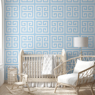 Papier Peint Bleu ciel clair et grande clé grecque blanche