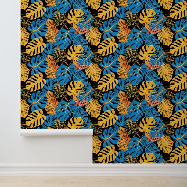 Papier Peint Bleu clair et Jaune Palme Tropicale d'été Feuilles (Application)