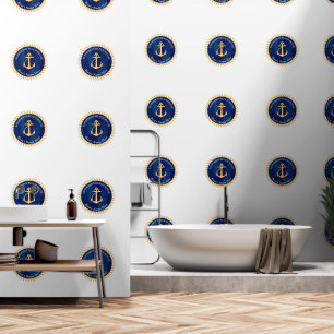 Papier Peint Bleu de marine blanche avec Ancre de bateau jaune