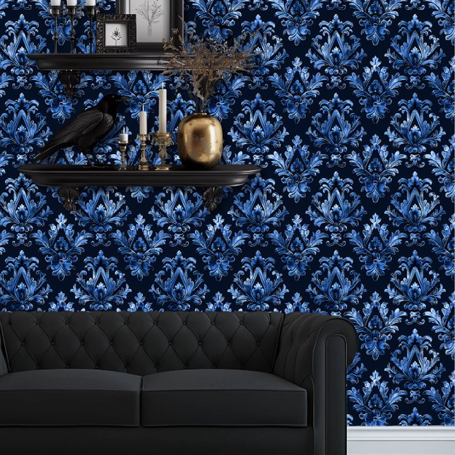 Papier Peint Bleu décoratif Whimsigoth (Whimsigoth Dusty Blue Damask on black wallpaper behind a black couch.)