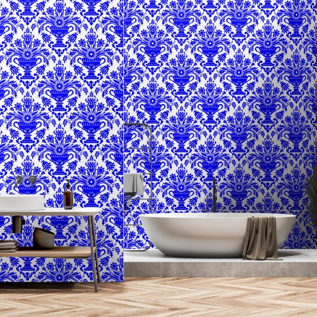 Papier Peint Bleu et blanc Damas Floral peler et bâton (Salle de bain)