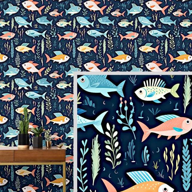 Papier Peint Bleu et poisson orange nager sur bleu foncé (Créateur téléchargé)