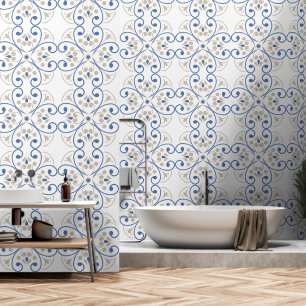 Papier peint bleu fleuri de style méditerranéen