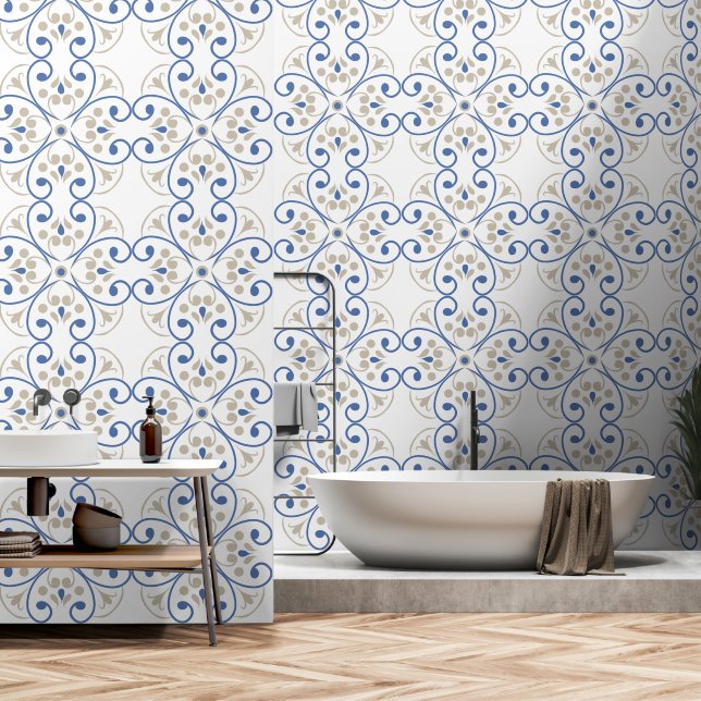 Papier peint bleu fleuri de style méditerranéen (Salle de bain)