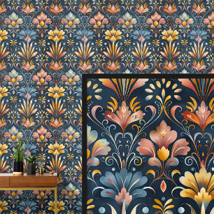 Papier Peint Bleu foncé Or Orange Art Nouveau