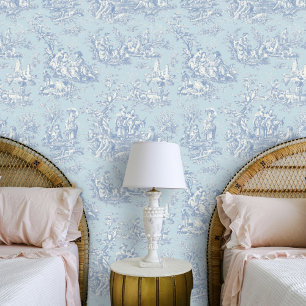 Papier Peint Bleu Gris Chic Toile de Jouy Scénique Vintage